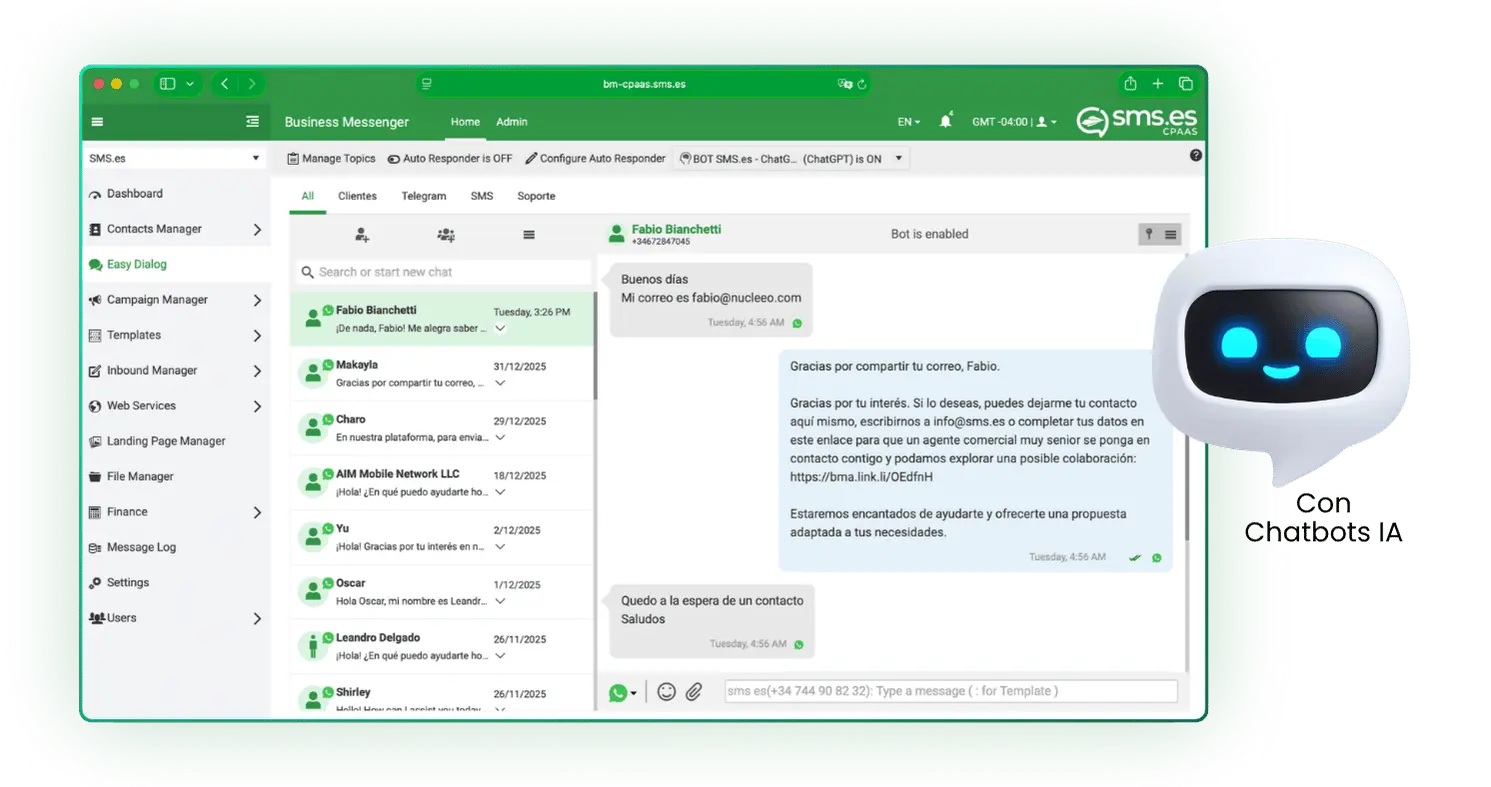 Bandeja omnicanal de sms.es para gestionar conversaciones de SMS, WhatsApp, Instagram y Facebook